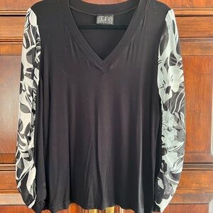 Atina Cristina - Women's Jersey KnitB Top with Sheer Sleeves - Large